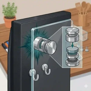 Close-up illustration showing the heavy-duty corner magnets of a magnetic dry erase board for fridge sticking securely to a metallic refrigerator surface without slipping.