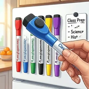 Close-up illustration of magnetic dry erase markers showing the built-in eraser caps wiping away a mistake.