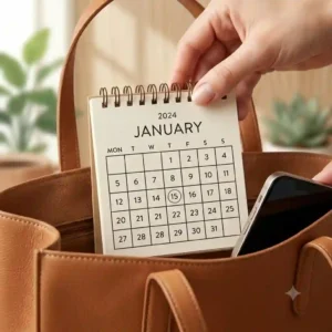 A top-down illustration of a portable small calendar being slipped into a leather tote bag next to a smartphone.