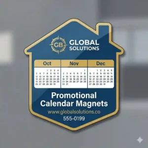 Graphic illustration of branded promotional calendar magnets showcasing a corporate logo and contact details for marketing giveaways.