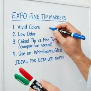 A hand writing clear, legible notes on an office whiteboard using blue Expo thin dry erase markers.