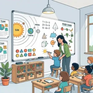 Illustration of a modern classroom layout featuring a large wall dry erase board with magnetic accessories used for teaching lessons.