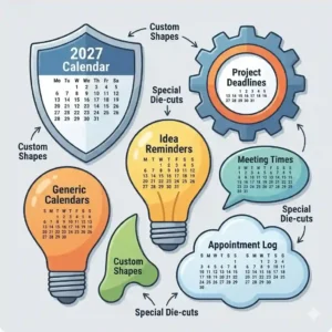 An illustrated guide showcasing different die-cut shapes and layouts available for custom printed calendar magnets.