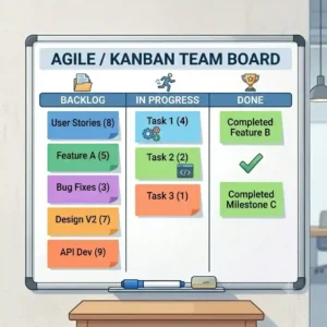 An agile project management Kanban layout printed on a custom whiteboard.