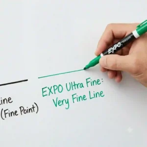 A side-by-side comparison of lines drawn by chisel tip and Expo thin dry erase markers on a whiteboard.