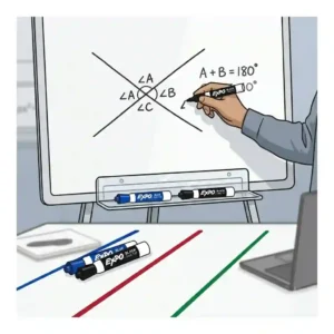 An illustration of a teacher using black and blue fine tip expo markers to write neat, legible notes on a classroom whiteboard.