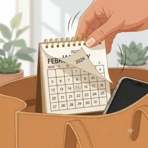 A stylized vector illustration of a hand flipping the page of a small calendar to start a new month.