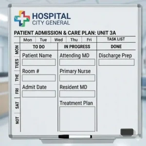 A custom printed dry erase board designed for hospital patient rooms and nurse shift schedules.