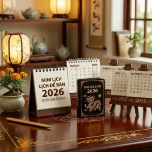 A minimalist desk mini calendars 2026 next to a laptop and a small succulent in a cozy workspace.