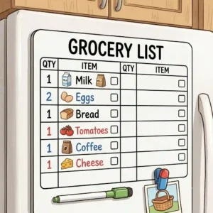 A kitchen grocery shopping list drawn on a magnetic whiteboard for refrigerator next to handy reminder notes.