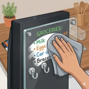 A hand erasing a shopping list from a premium magnetic dry erase board for fridge with a microfiber cloth, leaving a perfectly clean, smudge-free acrylic surface.