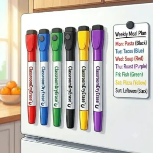 A weekly meal planner on a fridge with fine tip magnetic dry erase markers attached to the side.