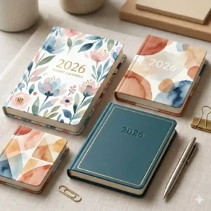 Assorted pocket calendars 2026 featuring aesthetic floral, abstract watercolor, and solid leatherette cover designs.