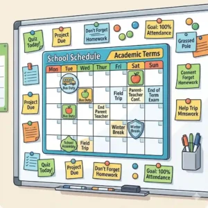 A colorful classroom whiteboard illustration highlighting academic schedule trackers, important dates, and school year calendar magnets.