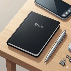 A sleek black pocket calendars 2026 resting next to a metallic pen and a smartphone on a professional workspace.