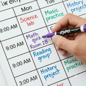 A colorful weekly classroom calendar filled out neatly using various Expo thin dry erase markers.