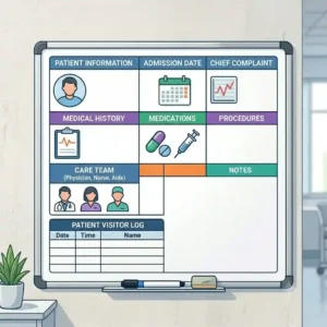 A custom whiteboard designed for tracking patient information in a hospital room.