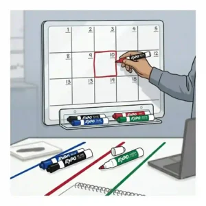 A sleek illustration of a monthly acrylic wall calendar being organized with color-coded fine tip expo markers for office scheduling.