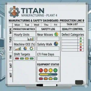An industrial custom dry erase board used in manufacturing plants to track daily production goals and safety metrics.