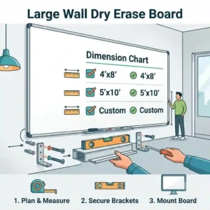 A structural dimensions guide illustration showing different size options for a large wall dry erase board relative to a standard office wall.