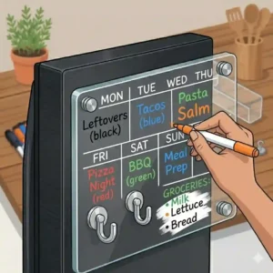 A magnetic dry erase board for fridge divided into a seven-day grid layout, filled with healthy breakfast, lunch, and dinner meal prep ideas.