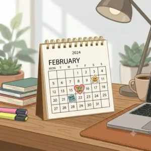 A small calendar with colorful event stickers on a student study desk surrounded by textbooks and highlighters.
