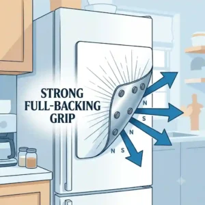 An illustration demonstrating the strong, non-slip backing of a heavy-duty magnetic whiteboard for refrigerator models.