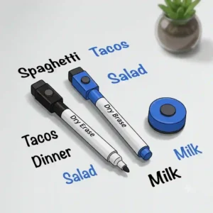 A complete kit view featuring multi-colored dry erase markers and an eraser alongside a magnetic whiteboard for refrigerator.