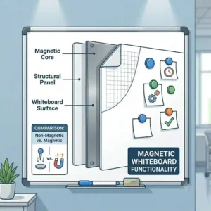 A technical diagram of a custom whiteboard showing magnetic surface features.