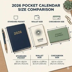 A diagram comparing standard dimensions of pocket calendars 2026, showing the three point five by six inch wallet size layout.