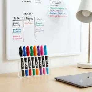 A home office desk featuring a small personal Kanban whiteboard written on with Expo thin dry erase markers.