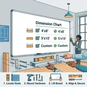 Step-by-step diagram illustrating the proper mounting and installation process for a magnetic large wall dry erase board.