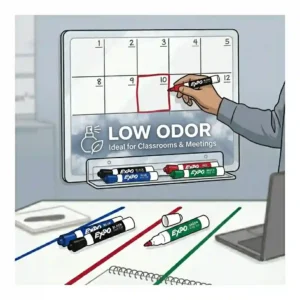 An informative graphic highlighting the low-odor ink feature of fine tip expo markers, ideal for classrooms and small meeting rooms.