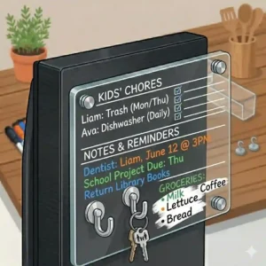 A colorful magnetic dry erase board for fridge used as a household organization hub with a checklist of kids' daily chores and important dentist appointment reminders.