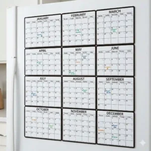 "A full twelve month sheet layout of rolling calendars magnetic refrigerator sheets for long term planning."