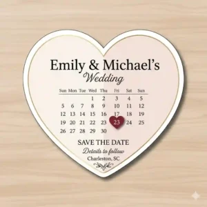 Elegant graphic design concept of a wedding save the date announcement printed on custom calendar magnets with a heart highlighting the big day.