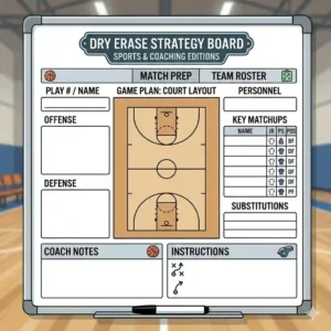 A custom dry erase coach board with a printed basketball court outline for drawing team plays.
