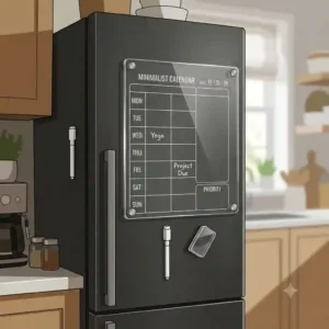 A modern clear acrylic style calendar option replacing the traditional magnetic whiteboard for refrigerator on a stainless steel door.