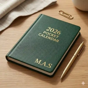 Close up of a personalized pocket calendars 2026 featuring a custom gold foil monogram on a textured hardcover.