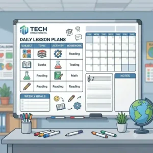 A custom whiteboard with educational grids for classroom lesson planning.