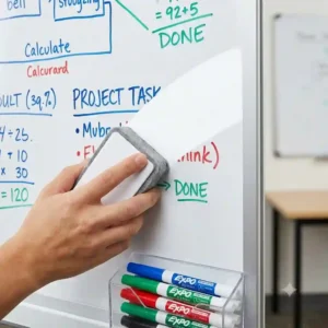 A whiteboard eraser cleanly wiping away vibrant ink from Expo thin dry erase markers without leaving smudges.
