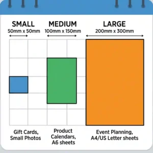 A clear size comparison chart illustration mapping out standard dimensions and formats for small, medium, and large calendar magnets side by side.
