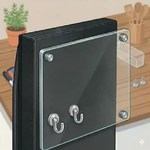 An elegant, transparent magnetic dry erase board for fridge blending seamlessly onto a modern black stainless steel refrigerator door.