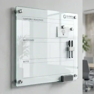 A modern frameless custom dry erase glass board with magnetic backing mounted in a conference room.