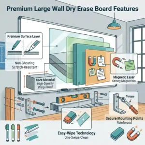 An infographic-style illustration highlighting the ghost-free, easy-wipe surface of a high-quality large wall dry erase board.