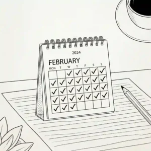 An illustration of a small calendar with red checkmarks on consecutive days to represent habit tracking and consistency.