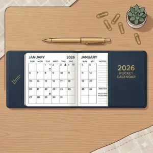 A horizontal checkbook style pocket calendars 2026 displaying a two year monthly planning grid configuration.