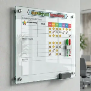 A colorful custom dry erase board for classrooms featuring a teacher's student reward chart layout.