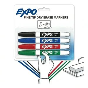 A clean product illustration of a classic 4-pack of fine tip expo markers in essential colors, perfect for student and professional use.