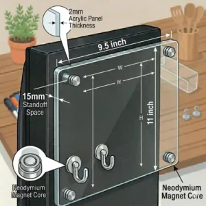 A technical product graphic showing the exact width, height, and ultra-thin profile measurements of a standard magnetic dry erase board for fridge.